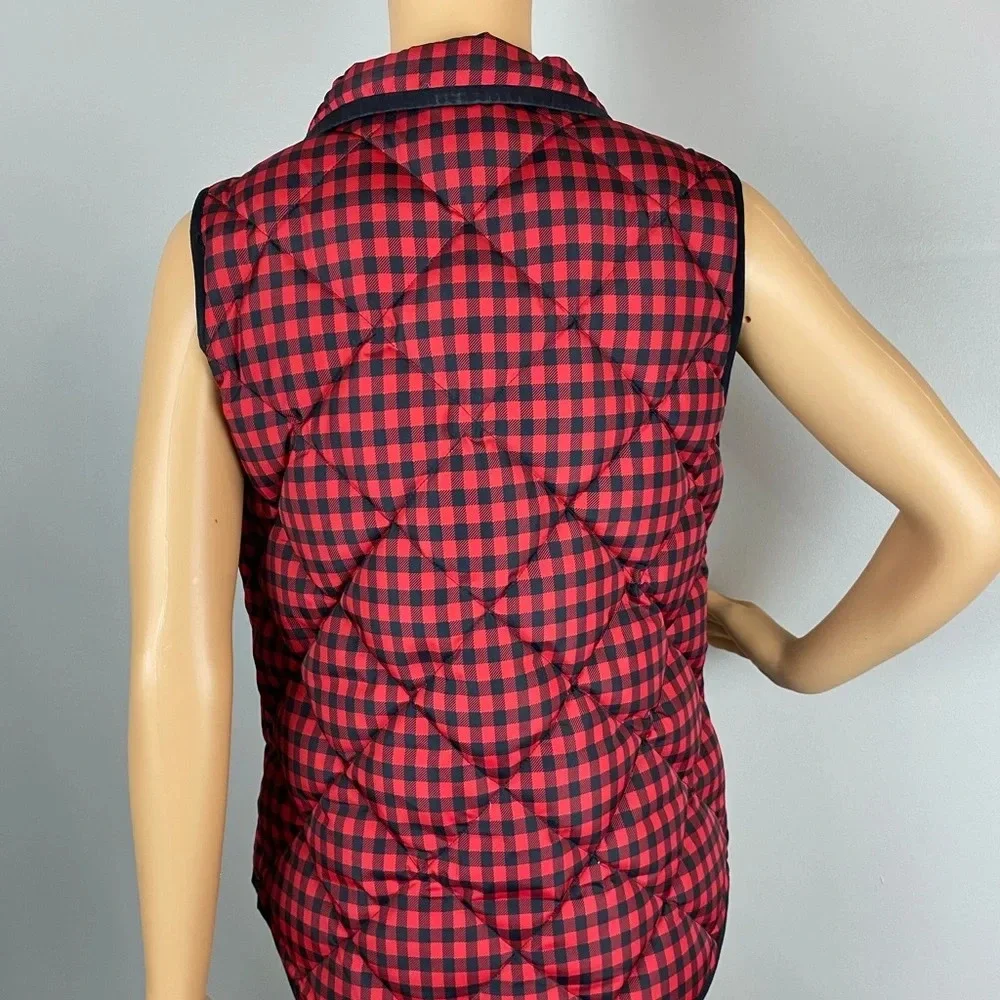 J Crew Down Quilted Puffer Vest Jacket Red Black Buffalo Plaid Womens Size Small